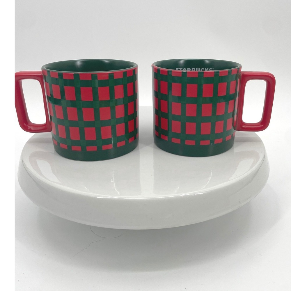 Starbucks Coffee Mug Set 2 14oz Red Green Plaid Ceramic Holiday Festive Classic